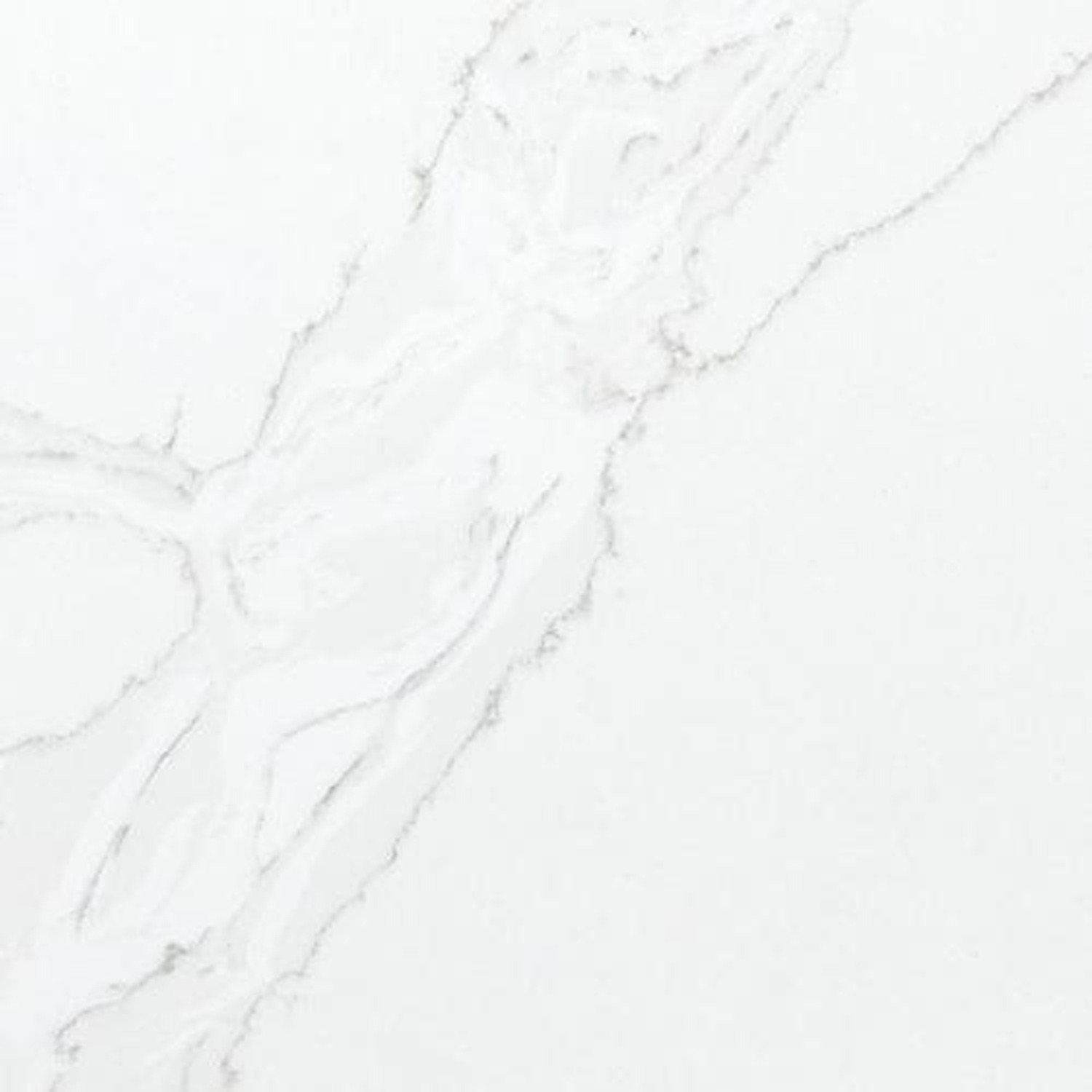 Calacatta Grande quartz close-up showing white surface with soft grey veining